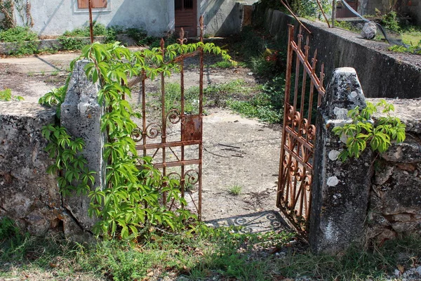 Hierro Forjado Parcialmente Oxidado Puertas Abiertas Del Patio Delantero Casa — Foto de Stock