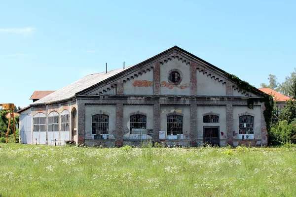 废弃的火车站服务砖楼与破碎的门窗包围着高大的未割草和其他植被与清晰的蓝天背景 — 图库照片