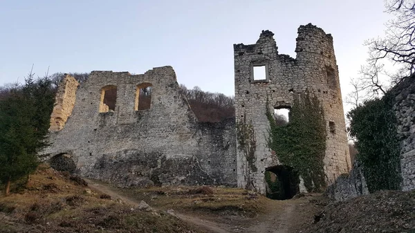 Eski Kale Samobor Taş Duvar Harabeleri Hırvatistan Kısmen Gün Batımında — Stok fotoğraf