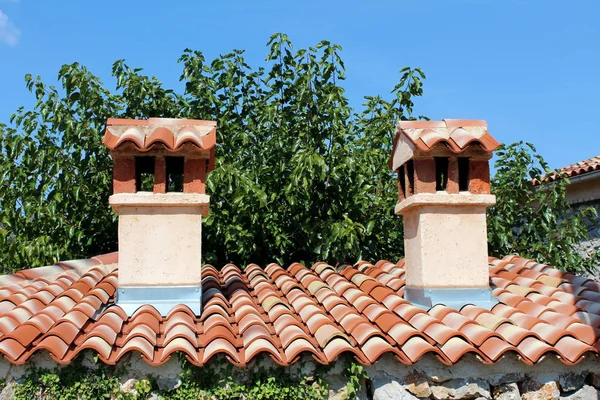 Dos Chimeneas Cubiertas Con Las Mismas Tejas Varios Tonos Decorativos — Foto de Stock