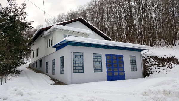 Soğuk kış gününde yaprakları olmadan ağaçlar dolu kar kaplı tepe ile çevrili atölye olarak tasarlanmış büyük garaj ile ev