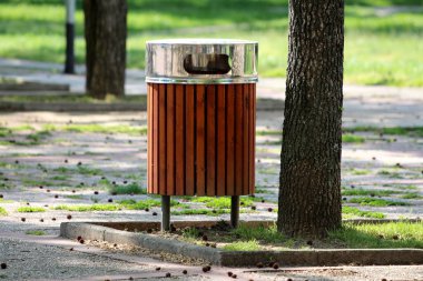 Kamu çöp sıcak güneşli bahar gününde yerel parkta taş fayans ile çevrili eski uzun boylu ağacın yanında parlak metal üst kapak ile dar ahşap tahtalar yapılmış olabilir