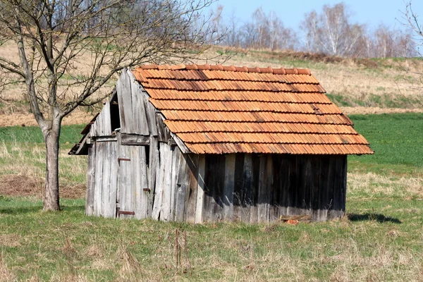 Små Retro Vintage Trä Nedgångna Utomhus Verktyg Skjul Med Spruckna — Stockfoto