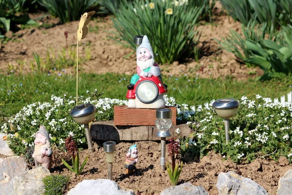 Çeşitli şekil ve boyutlarda Dekoratif bahçe cüceler sıcak güneşli bahar gününde yerel bahçede güneş ışıkları kayalar ve küçük çiçekler ile çevrili