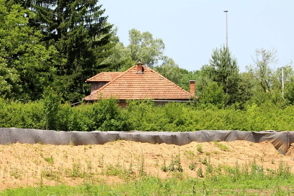 Barely visible family house red roof tiles behind temporary box barriers flood protection covered with dark grey geotextile fabric surrounded with dense trees on warm sunny spring day