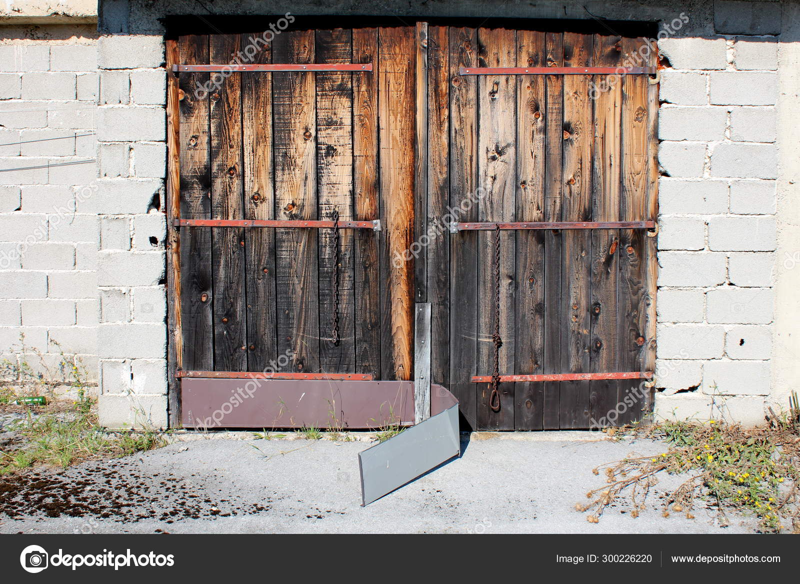 Old Wooden Garage Doors Faded Wooden Boards Broken Metal