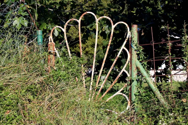 Pétalos Flores Como Puertas Entrada Metal Oxidado Montadas Valla Alambre —  Fotos de Stock