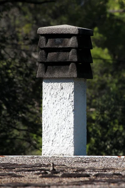 Cogumelo Como Chaminé Branca Velha Com Tampa Preta Grande Cima — Fotografia de Stock