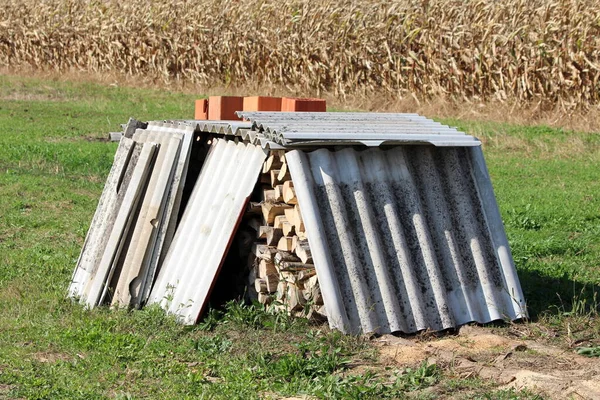 大規模な灰色の屋根瓦と地元のフィールドに残っている建物のブロックで覆われた新鮮なみじん切り薪の小杭草に囲まれた乾燥し 密接暖かい晴れた秋の日に背景にトウモロコシ畑を植え — ストック写真