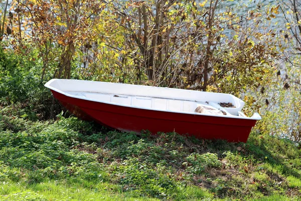 阳光明媚的秋日 在河岸上 一条被青草和茂密的枝条环绕的非常小的塑料白色和红色的小河船离开了 — 图库照片