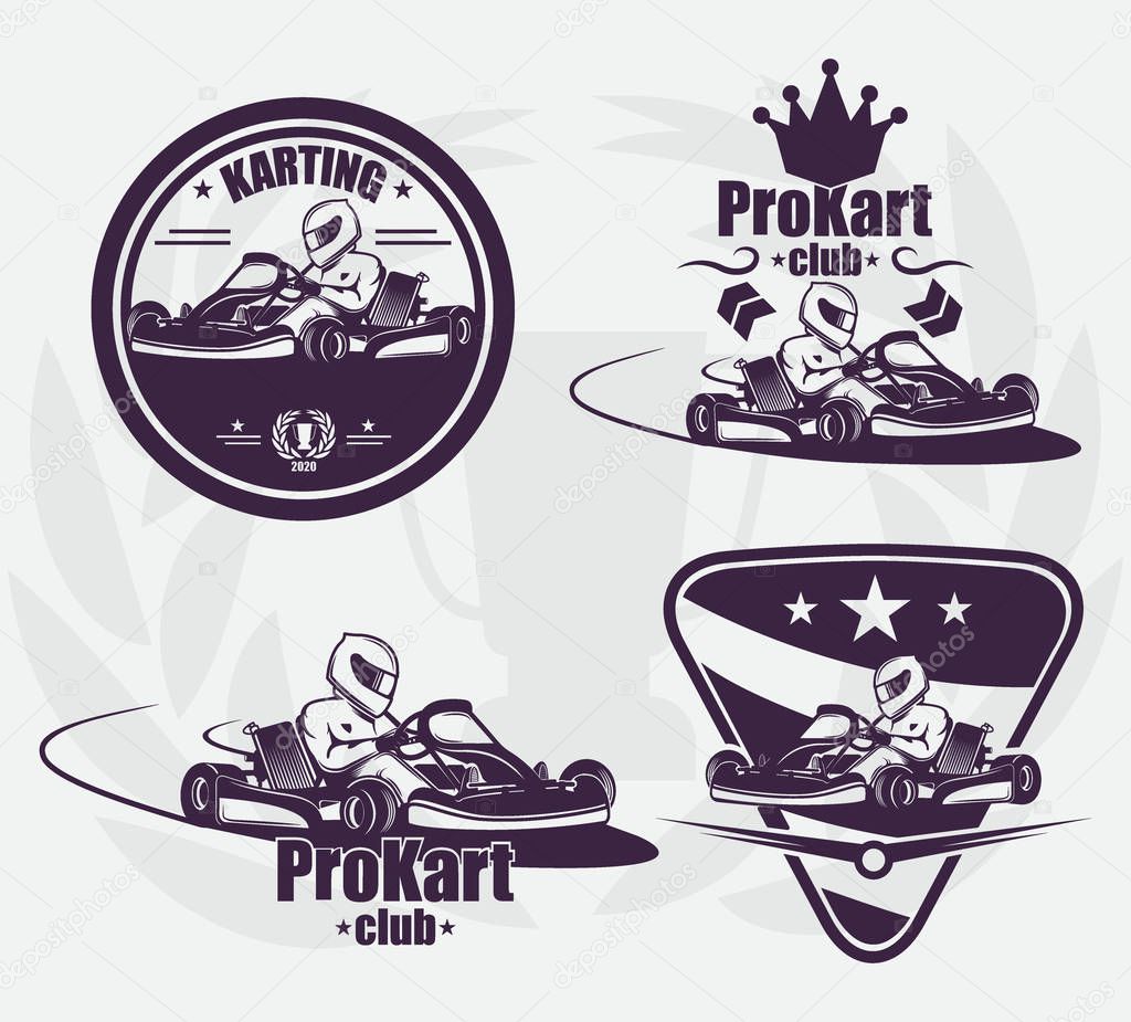 Set for go-karting emblem. The race in a helmet. extreme sport. raster copy