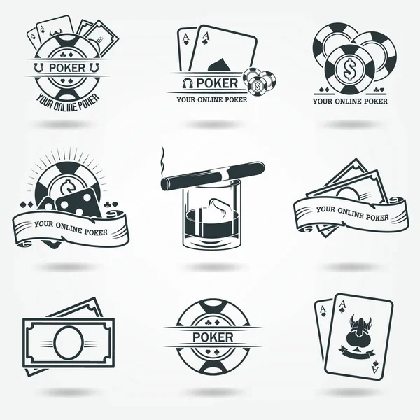Pengar Marker Whiskey Casino Poker Logotyper Uppsättning Ikoner Svart Raster — Stockfoto