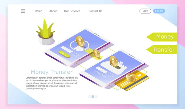 Wysyłanie Pieniędzy Przelew Telefonu Innego Telefonu Izometryczny Wektor Ilustracja Koncepcja — Wektor stockowy