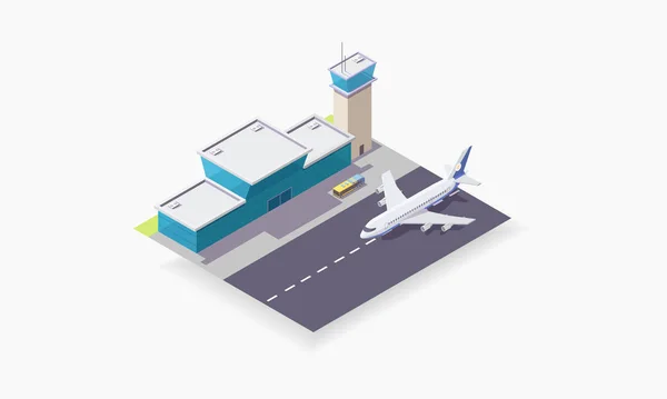 Illustrazione isometrica vettoriale dell'aeroporto, aereo sulla pista, concetto di viaggio, aereo passeggeri vicino al terminal . — Foto Stock