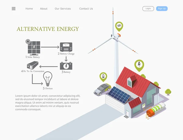 Infografías de conexión, ilustración vectorial isométrica de una casa inteligente alimentada por energía solar y con un aerogenerador cerca de la casa, concepto de tecnología ecológica —  Fotos de Stock