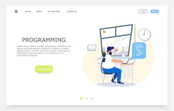 illustration of a young programmer working in the office on a project, template for the landing page