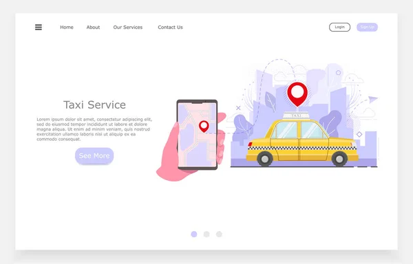 平面矢量出租汽车说明，与出租汽车电话，出租汽车服务的概念。 城市背景的黄色汽车 — 图库照片