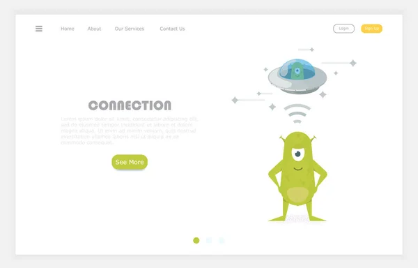 Bağlantı konsepti, çizgi film uzaylıları ve arka planda Ufo. vektör düz illüstrasyon — Stok fotoğraf