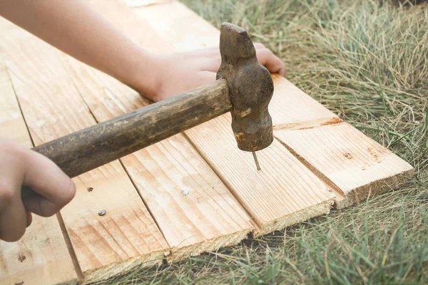 Ana çekiç çivi bir ahşap tahta çim içine