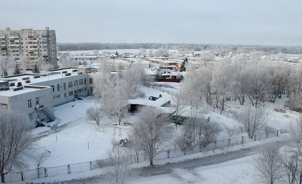 Дерева і будинки на снігу вид зверху — стокове фото