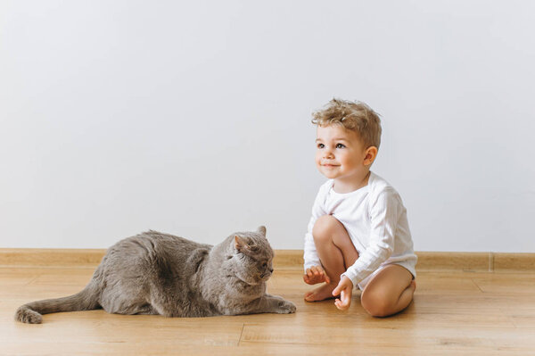 cute little child in white bodysuit and grey british shorthair cat resting on floor at home