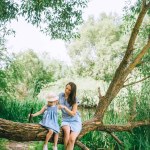 Stylish mother and daughter sitting on tree trunk together