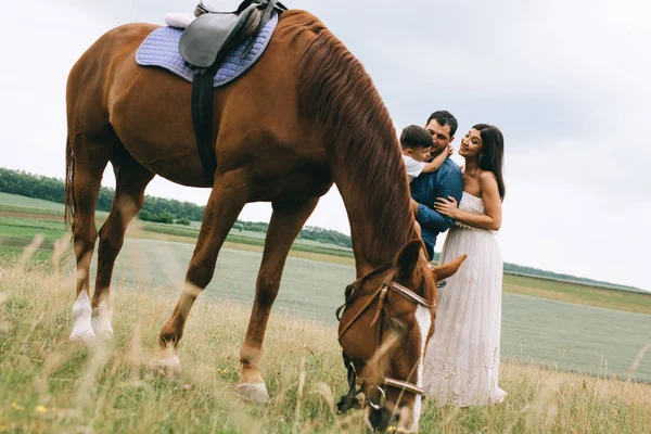 Vrolijke Ouders Zoon Tijd Buurt Van Paard Veld — Gratis stockfoto