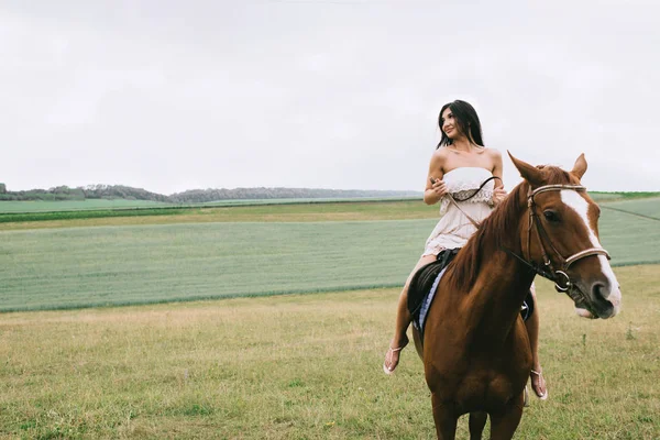 Mooie Vrouw Bruin Paard Rijden Veld — Stockfoto