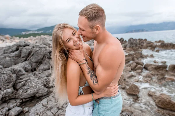 Happy Young Couple Hugging Laughing Rocky Beach Montenegro — Stock Photo, Image