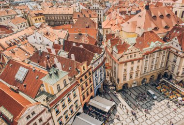 PRAGUE, CZECH REPUBLIC - JULY 23, 2018: aerial view of people on old town square and beautiful architecture in prague, czech republic clipart