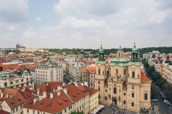 PRAGUE, CZECH REPUBLIC - JULY 23, 2018: aerial view of beautiful old town and prague cityscape