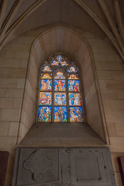 PRAGUE, CZECH REPUBLIC - JULY 23, 2018: stained glass window inside st vitus cathedral in prague, czech republic