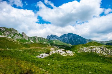 yeşil güzel vadi, dağlar ve Durmitor massif, Karadağ mavi bulutlu gökyüzü