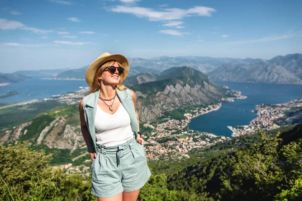 Happy Woman Standing Kotor Bay Kotor Town Background Montenegro — Stock Photo, Image