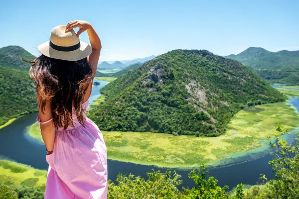 Back View Woman Pink Dress Touching Hat Crnojevica River Rijeka — Stock Photo, Image