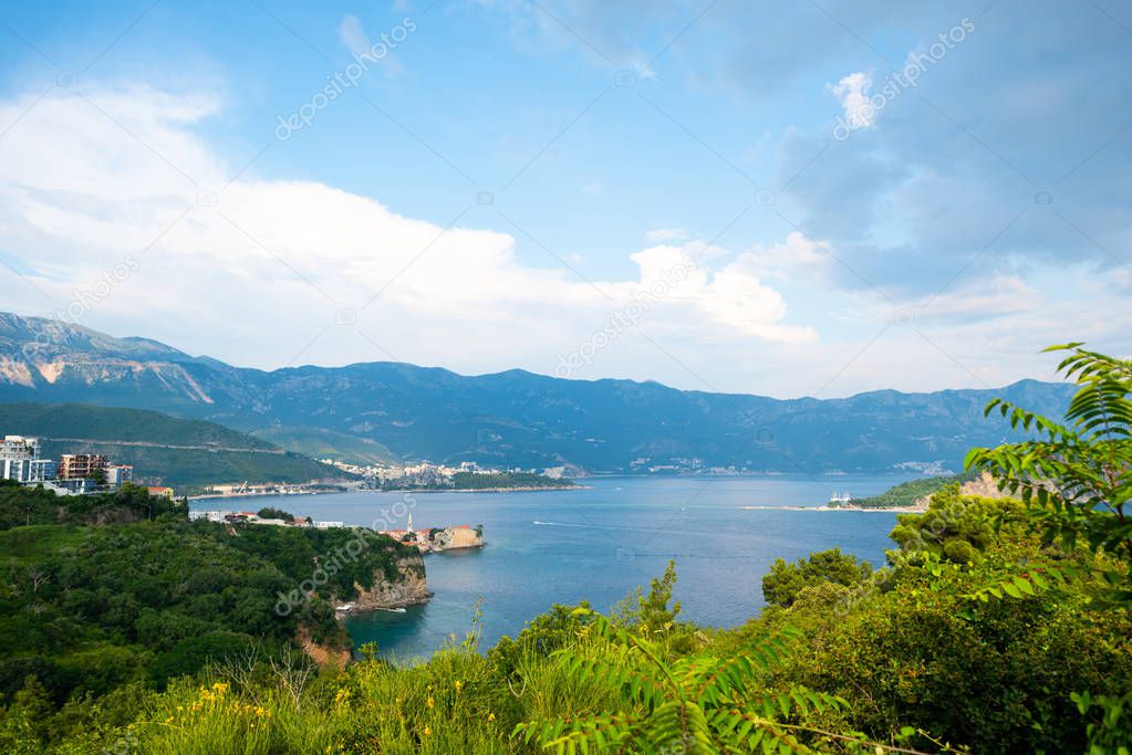 landscape of adriatic sea and coastal town in Budva, Montenegro