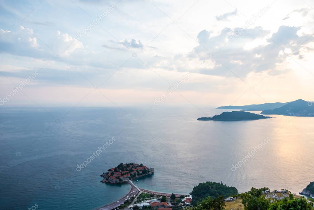 beautiful view of island of Sveti Stefan with hotel resort in Adriatic sea, Budva, Montenegro