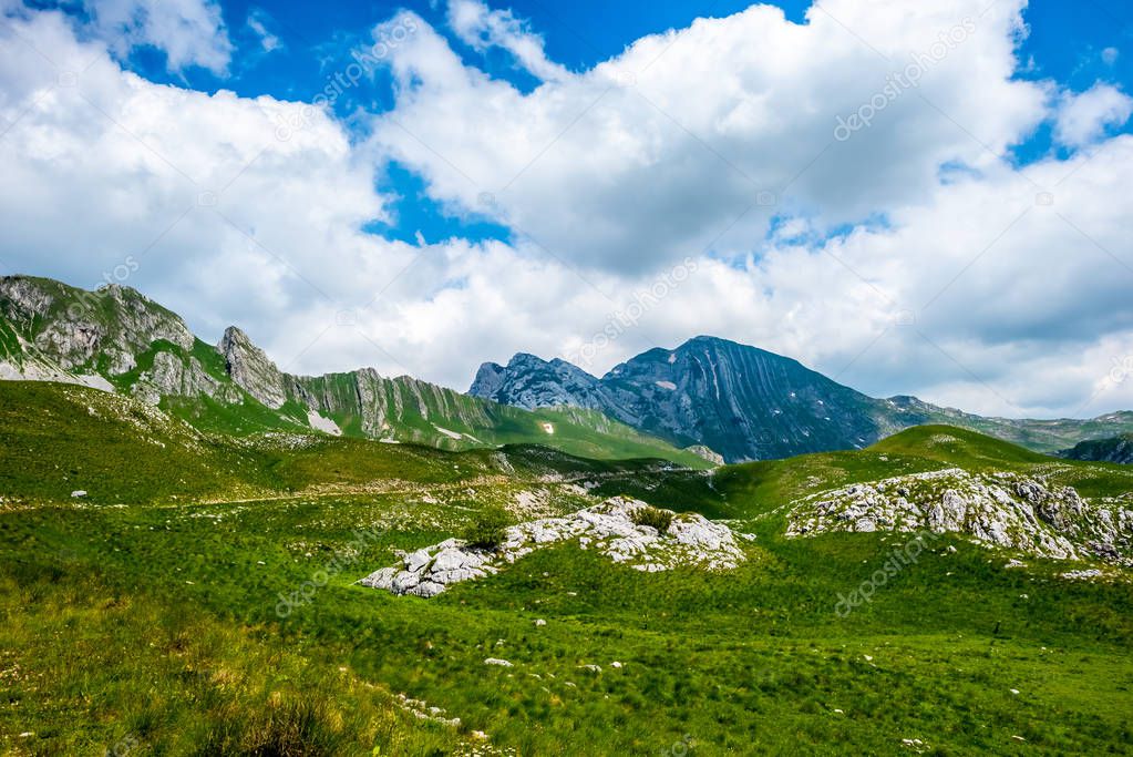 green beautiful valley, mountains and blue cloudy sky in Durmitor massif, Montenegro