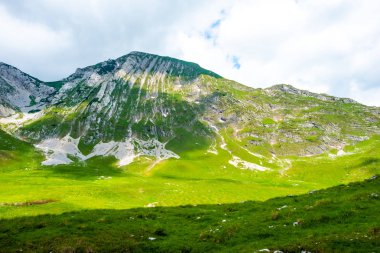 güneş ışığında Durmitor massif, Karadağ ile güzel yeşil vadi