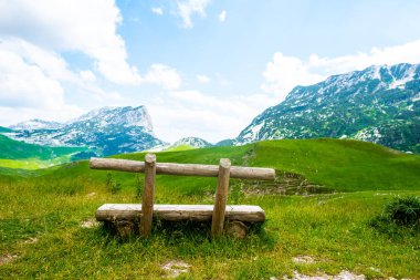 Картина, постер, плакат, фотообои "деревянная скамейка с красивыми горами в массиве дурмитор, черногория постеры цветы фотографии", артикул 213241520
