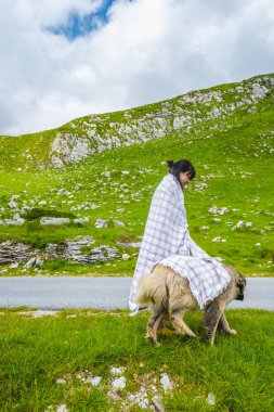 battaniye kapsayan tüylü köpek Durmitor massif, Karadağ vadide üzerinde güzel kadın
