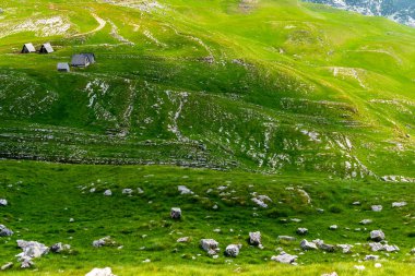 Durmitor massif, Karadağ güzel yeşil vadi üzerinde ahşap evler