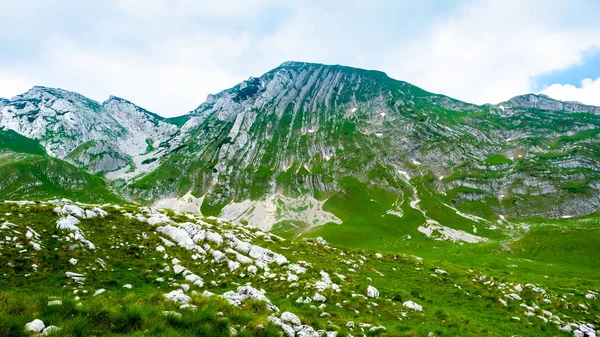green valley with stones and mountains in Durmitor massif, Montenegro