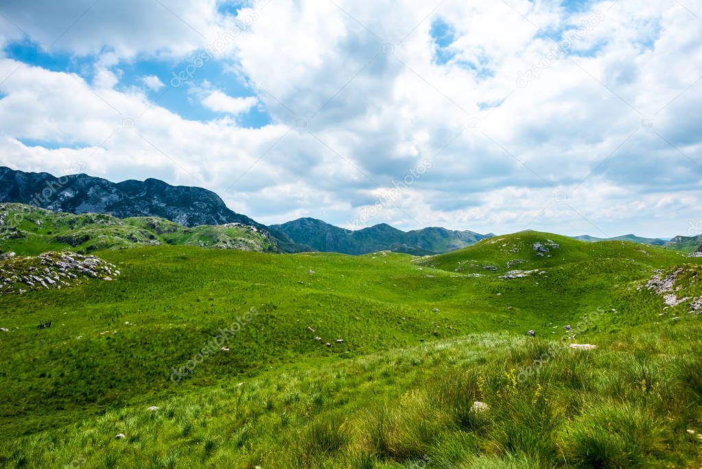 green grass, mountains and cloudy sky in Durmitor massif, Montenegro 