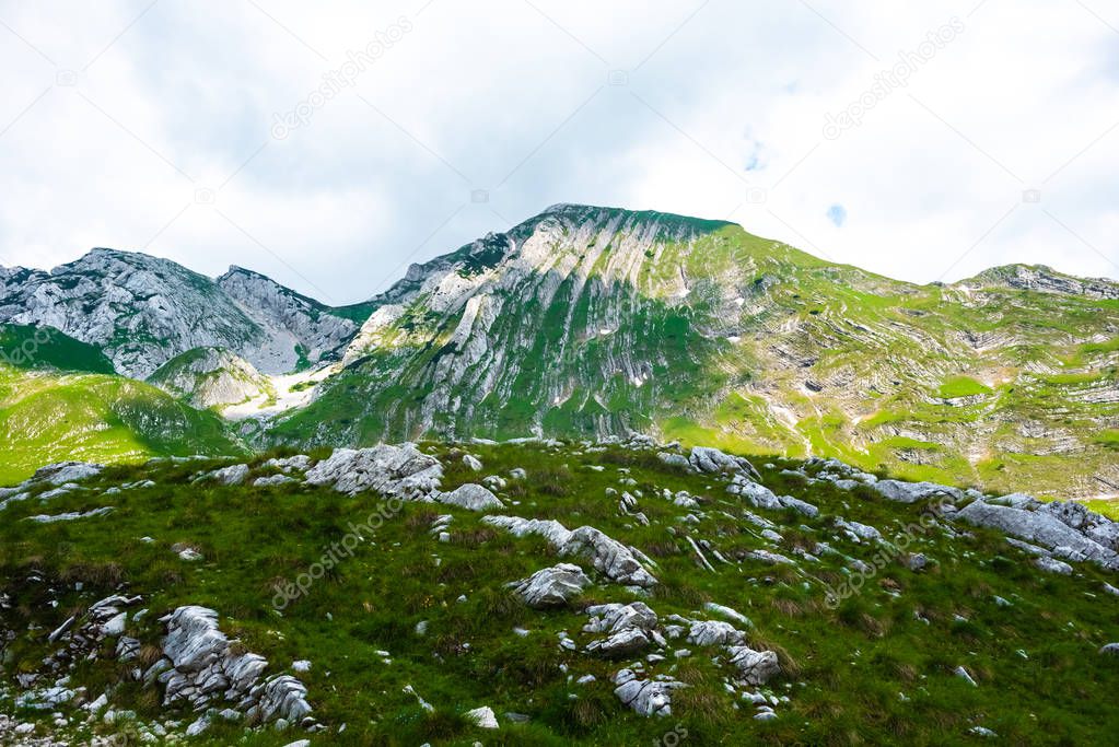 rocky mountains with stones on ground in Durmitor massif, Montenegro