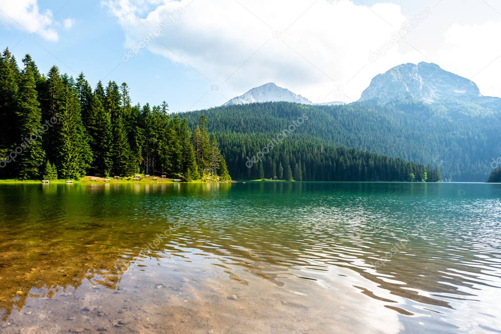 landscape of glacial Black Lake and mountains in Montenegro