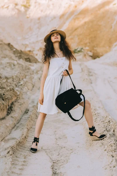 Charming Girl Stylish Dress Posing Backpack Sandy Canyon — Stock Photo, Image