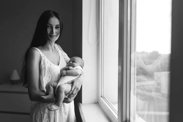 Black White Shot Beautiful Young Mother Carrying Baby Window Home — Stock Photo, Image
