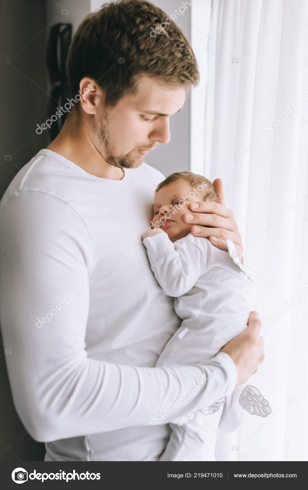 Handsome Father Carrying Little Baby Boy Front Curtains Home Stock