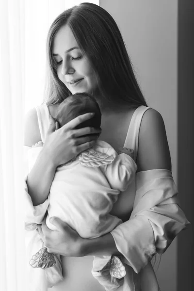 Black White Picture Mother Carrying Little Baby Boy Front Curtains — Stock Photo, Image